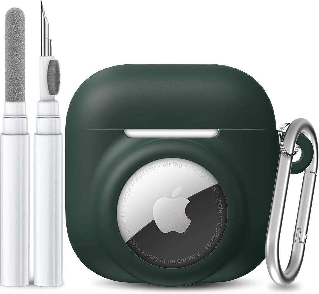 2 in 1 Silicone Case Compatible with AirPod 4 and AirTag 2/1, Shockproof Protective Skin Cover for AirPods 4th Generation with Cleaner Kit & Carabiner (Dark Green)