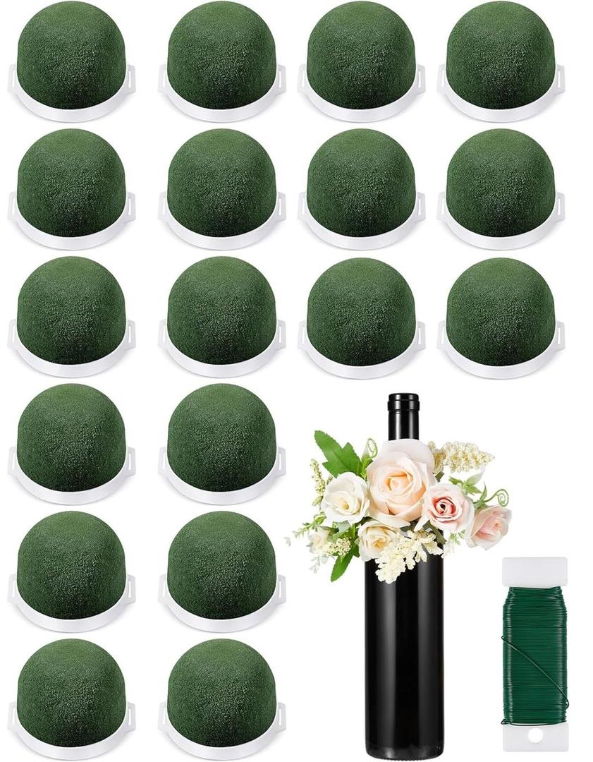 Tessco 18 Pcs Mini Floral Foam Holder Round Floral Foam with Green Arrangement Wire Arrangement Supplies for Table Wedding Wine Bottle Decor
