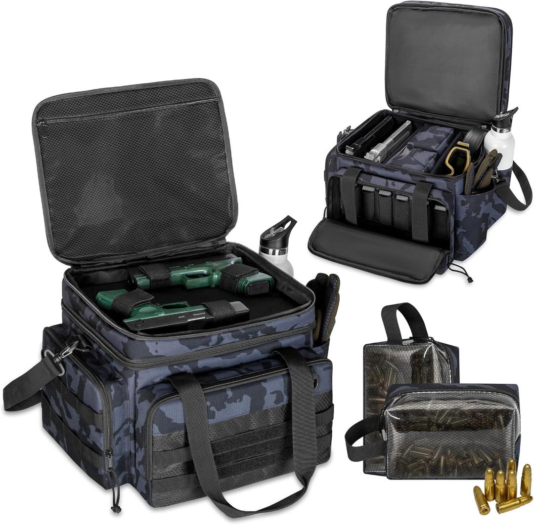 GOBUROS Gun Range Bag for 4 Handguns,Tactical Pistol Range Bag with 2 Ammo Storage Pouches & 6x Magazine Slots, Gun Duffle Bags with Lockable Zipper for Shooting Range Outdoor Hunting (Camo)