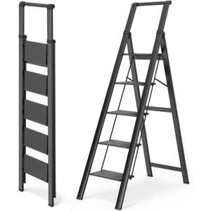 WOA WOA 5 Step Ladder, Ladders for Home, Anti-Slip Pedals, Step Stool Foldable, Lightweight to Move, Ease of Storage, Reach 10ft for Closet Kitchen Library, Hold 300lbs - Black