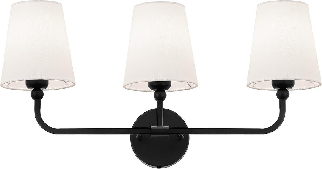 Bathroom Light Fixtures, Matte Black Vanity Lights with Flared White Fabric Shade, 3 Light Wall Sconce, Modern Sconces Wall Lighting for Hallway Bedroom, VL837-MB-3