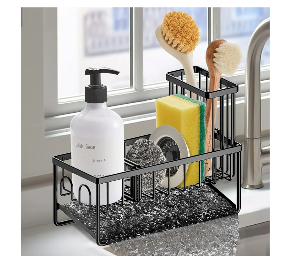 Sinnsally Sponge Holder for Kitchen Sink Organizer Caddy,Dish Brush Scrubber Holder,Stainless Steel Sink Box Holder with Stand,Soap Dispenser Set Tray Counter Accessories & Storage Rack (Black)