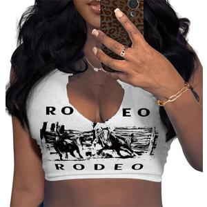 LovelyWholesale Sexy Crop Top for Women Graphic Tees V Neck Ribbed Tank Top (White)