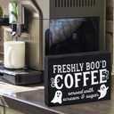 Freshly Booed Coffee Sign, Halloween Coffee Bar Decor Ghost Wooden Decorative Gothic Coffee Sign for Halloween Party Home Kitchen Table Shelf