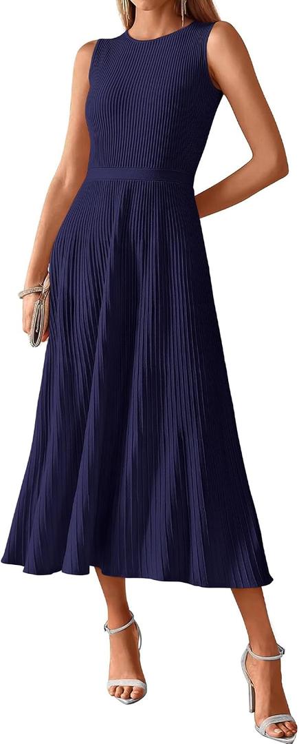 BTFBM Women Tank Midi Dress Summer Crewneck Sleeveless Pleated A Line Business Casual Formal Sweater Spring Dresses 2026 M