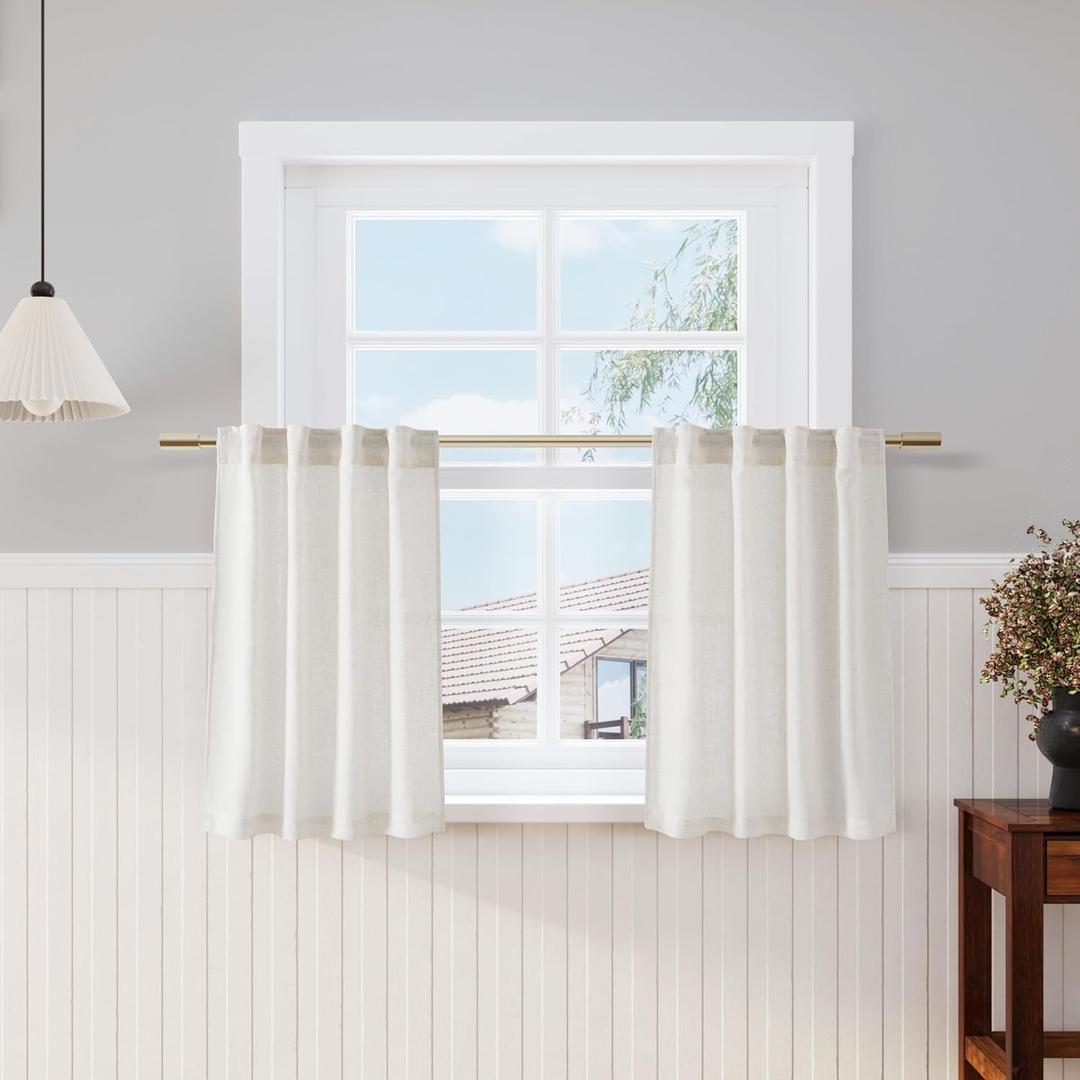 Nanspring 30 Inch Long Cream Curtains for Kitchen Linen Blend Semi Sheer Back Tab and Rod Pocket Light Filtering for Bathroom Small Window Curtain 25 x 30 Inch,2 Panels (Natural)