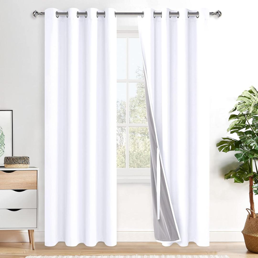 XWZO 100% Blackout Curtains 2 Panels with Tiebacks- Heat and Full Light Blocking Window Treatment with Black Liner for Bedroom/Nursery, Grommet Top, White, W52 x L84 Inches Long, Set of 2