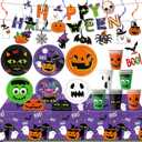 106 PCS Halloween Party Supplies Holiday Party Decorations Includes Plates, Napkins, Cups, Hanging Swirls, Tablecloth, Banner for Halloween Birthday Party Decorations, Serves 24