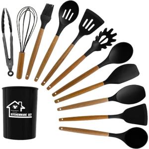 Silicone Kitchen Tool Set, 12 Pieces, Spoons, Spatulas, Tongs (Black), 12pcs