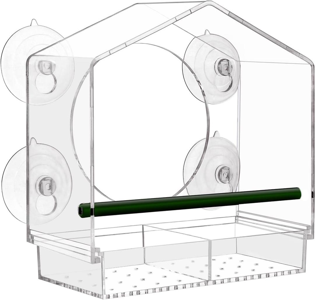 Acrylic Window Bird Feeder with 4 Strong Suction Cups, Clear and Transparent Bird House, Removable Food Tray with Drain Holes, Easy Install and Clean for Backyard and Viewing
