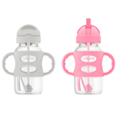 Dr. Brown's Milestones Wide-Neck Sippy Straw Bottle, Spill-Proof with 100% Silicone Handles and Weighted Straw, 9 oz/270 mL, Gray & Pink, 6m+, 2-Pack
