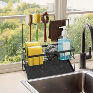 Sponge Holder for Kitchen Sink with High Brush Holder, Sponge Caddy, Stainless Steel Sink Caddy Organizer with Drain Tray, Dish Soap Dispenser, Kitchen Sink Accessories & Storage Rack(Black)