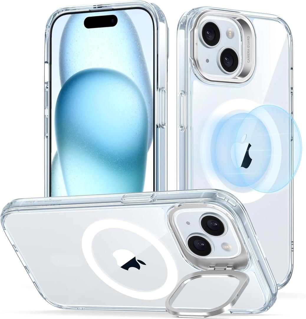 ESR for iPhone 15 Plus Case, Compatible with MagSafe, Military-Grade Protective Case, Built-in Stash Stand Phone Case, Scratch-Resistant Back Cover, Classic Series, Clear Blue