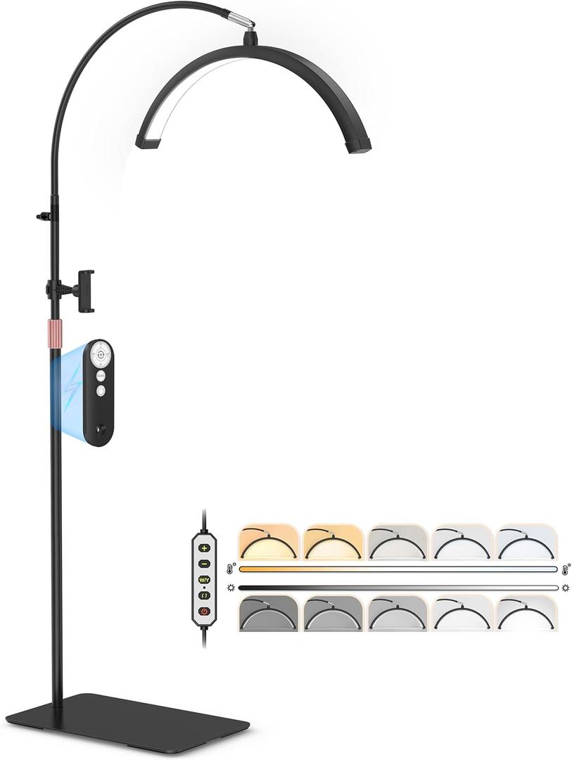 Half Moon Light for Lash Tech, Flexible Lash Lamp with Phone Holder for Eyelash Nail Art Tattoos Skincare, LED Floor Lamp Esthetician Light with 5 Color Temperatures & Brightness Setting (Black)