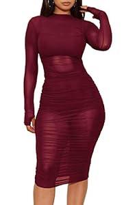 LYANER Women's Mesh Dress Long Sleeve Bodycon 3 Piece Outfits with Cami Shorts Wine Red XX-Large