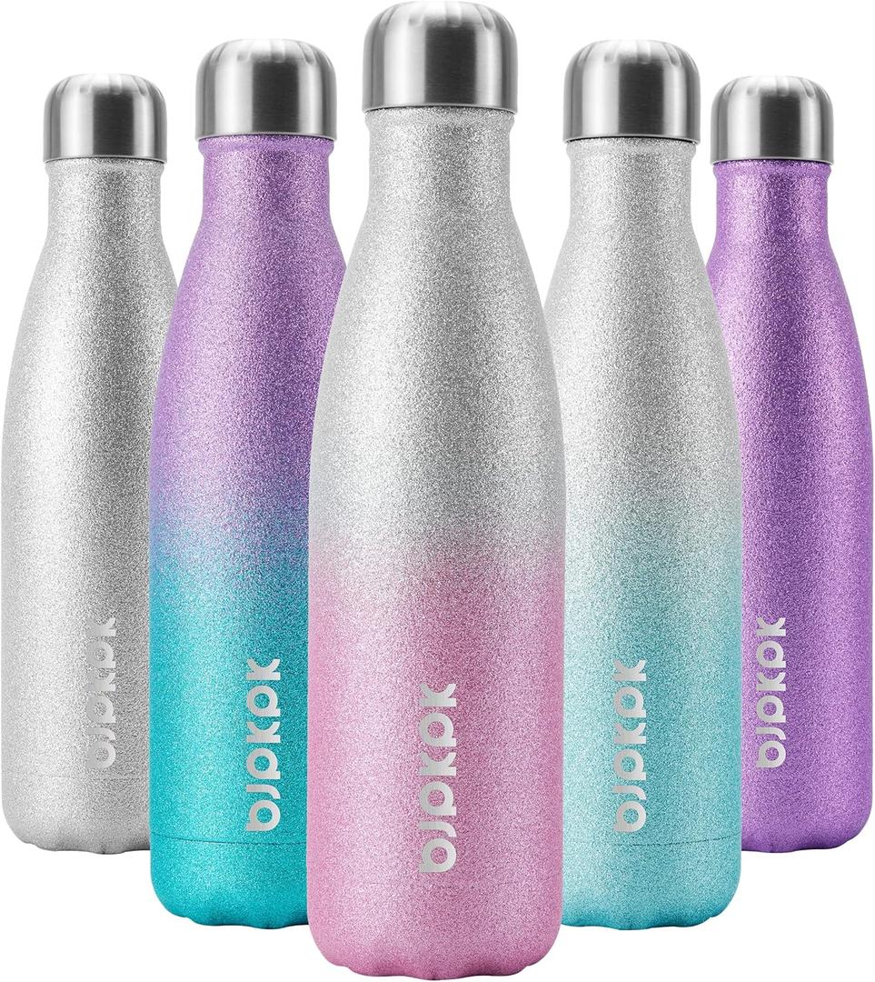 BJPKPK 17oz Insulated Water Bottles Stainless Steel,Sports Water Bottles Keep Cold for 24 Hours and Hot for 12 Hours,BPA Free,Glitter Silver Pink
