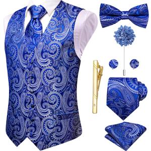 Hi-Tie Silk Mens Suit Vest Tie and Bowtie Lapel Pin Gold Tie Clip Paisley Floral Waistcoat 8PCS Set Tuxedo Wedding Party (Blue)