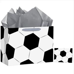 Hooqict Large Soccer Gift Bag Soccer Birthday Gift Wrap Bag with Handles, Tissue Paper, Greeting Cards for Kids Boys Men Sports Themed Goodie Treat Party Favors