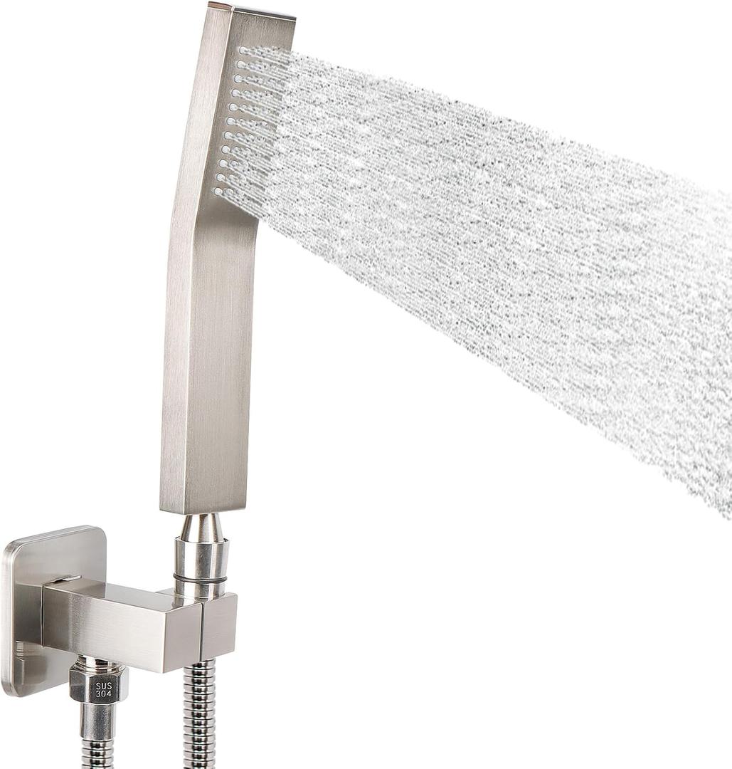NearMoon Brass Hand Held Shower Head, Luxury High Pressure Shower Kit with Wall Connector and Hose Set, for Bathroom Showering System Contemporary Square Style (Brushed Nickel)
