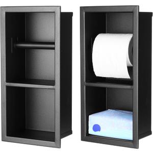 Honeydak Recessed Toilet Paper Holder 304 Stainless Steel Tissue Paper Holder Bathroom Storage in Wall Tissue Toilet Roll Frame Space Saving Restroom Napkin Frame (Black,1 Pcs)