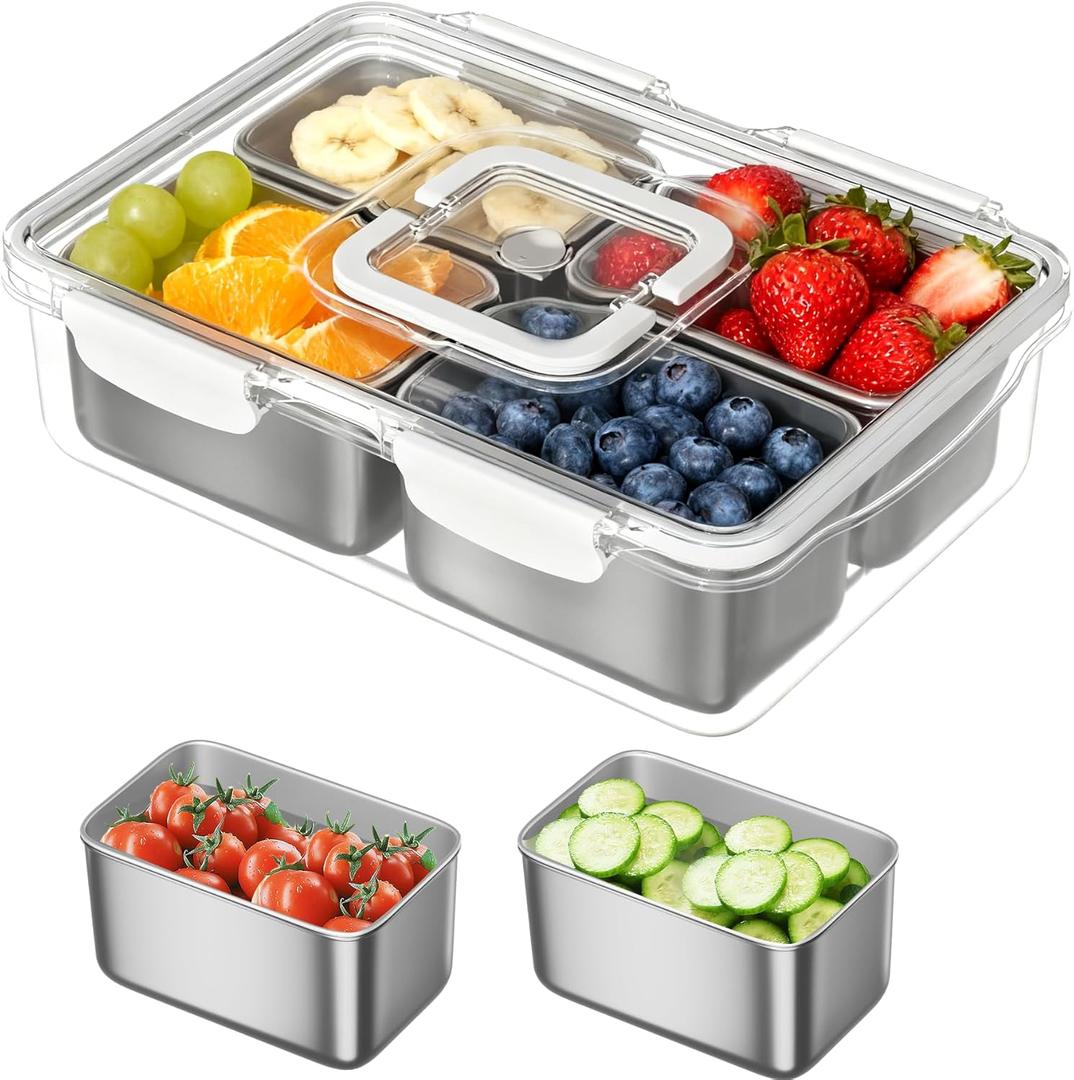 Snackle Box Container, 304 Stainless Steel Divided Serving Tray with Lid and Handle, Portable 4 Compartments Veggie Tray for Fruits,Veggies,Nuts &Candy, Dishwasher Safe for Travel, Picnic, Beach&Parties