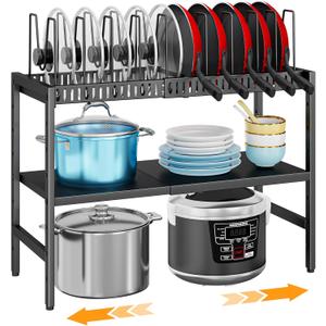 2-Tier Pots and Pans Organizer Under Cabinet,Expandable Pots Lid Organizers Inside Cabinet,Adjustable Metal Storage Shelves Organizer Rack with 10 Dividers For Kitchen Pantry Organization and Storage
