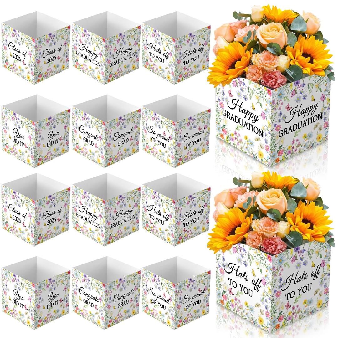 Qunclay 12 Pcs Graduation Box Table Centerpieces 7 Inch Wildflower Paper Flower Boxes Table Decor Class of 2026 Congrats Grad Party Supplies for High School College Grad Celebration Prom Decoration