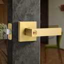 Moquin Square Gold Door Handles with Lock and Key, Heavy Duty Brushed Gold Door Handles with Reversible Lever for Bedroom or Front Door, Satin Brass (1 Pack)