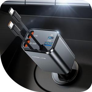 MRGLAS Retractable Car Charger for iPhone 17, 69W 4 in 1 USB C Car Charger Fast Charging with Type C Cable Cigarette Lighter Adapter for iPhone 17 16 Pro Max Samsung S25 iPad, Valentine's Day Gifts