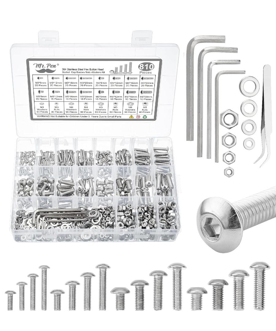 Mr. Pen- Nuts and Bolts Assortment Kit, 810 pcs, Stainless Steel, M3 M4 M5 M6 Button Head Socket Cap Screws Assorted Nuts and Bolts, Nut Bolt and Washer Assortment, Bolt and Nut Assortment