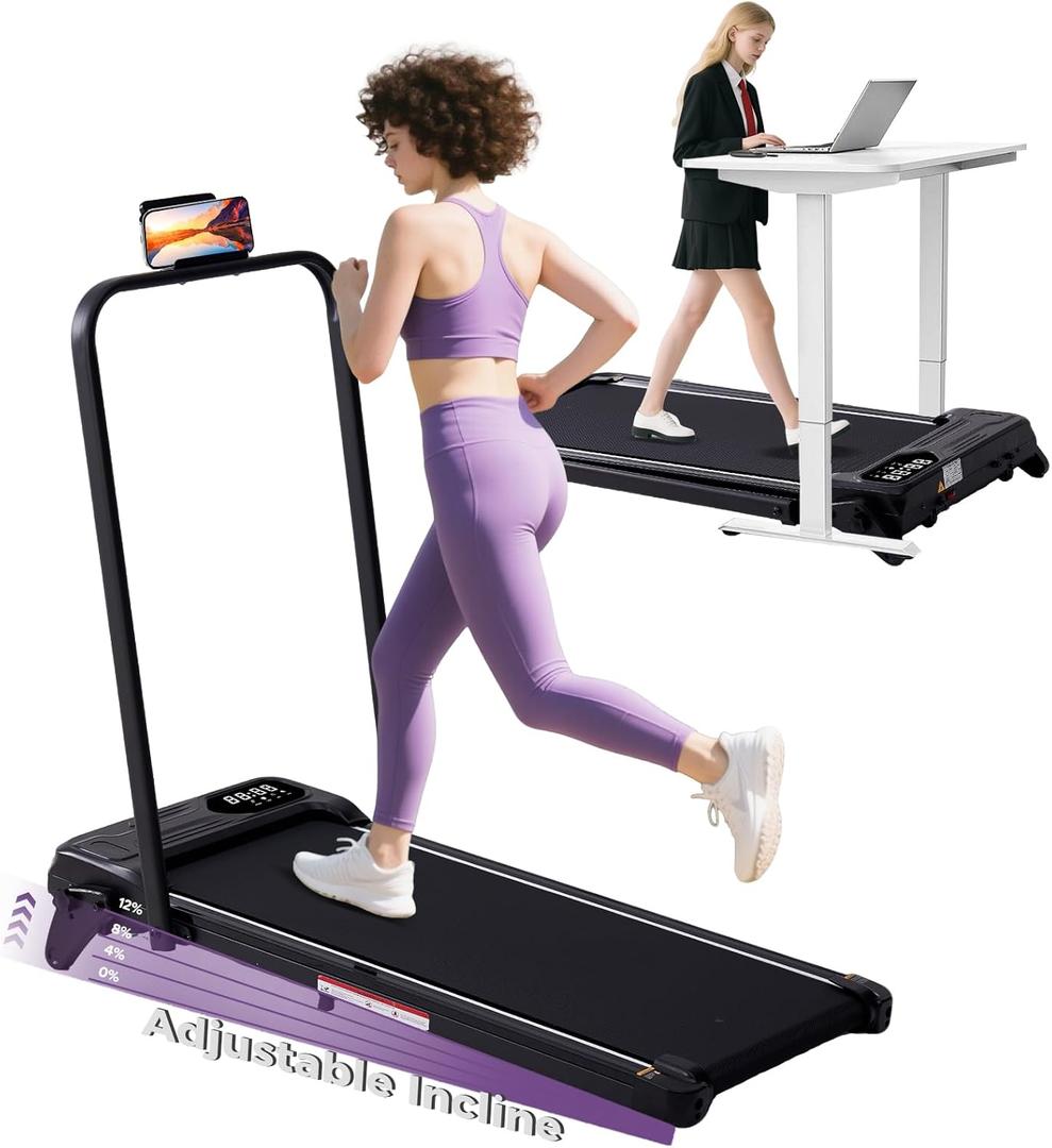 Folding Foldable Walking Pad Treadmill with Handle Bar and Adjustable Incline, 3.5HP Portable Electric Treadmills with Handles for Home Small, Home Treadmills with Incline, 0.6-7.6MPH, 350LBS