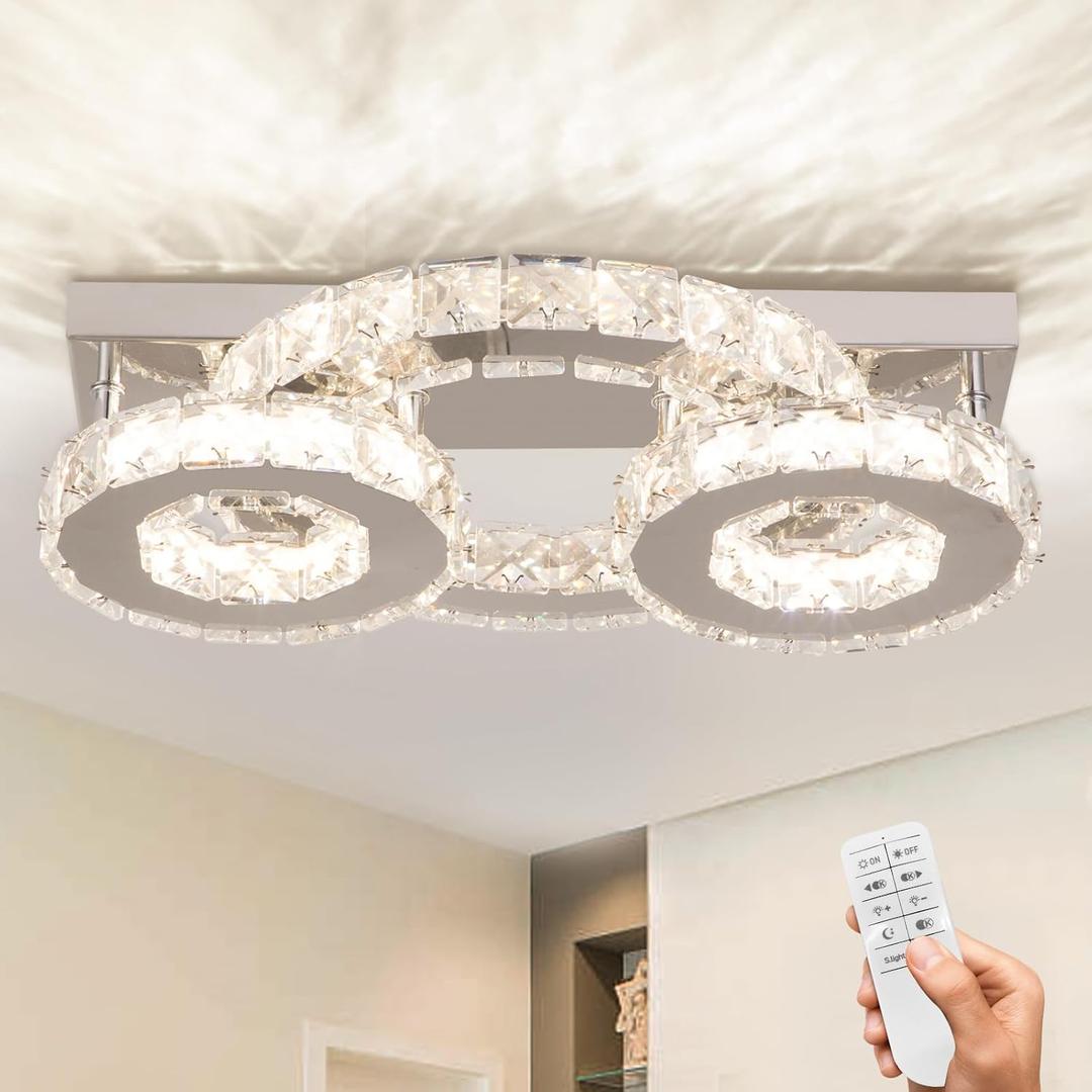 Dimmable Crystal Chandelier Modern Crystal Ceiling Light 3 Rings LED Flush Mount Celiling Light Fixture for Dining Room Bedroom Living Room (round two, dimmabble)
