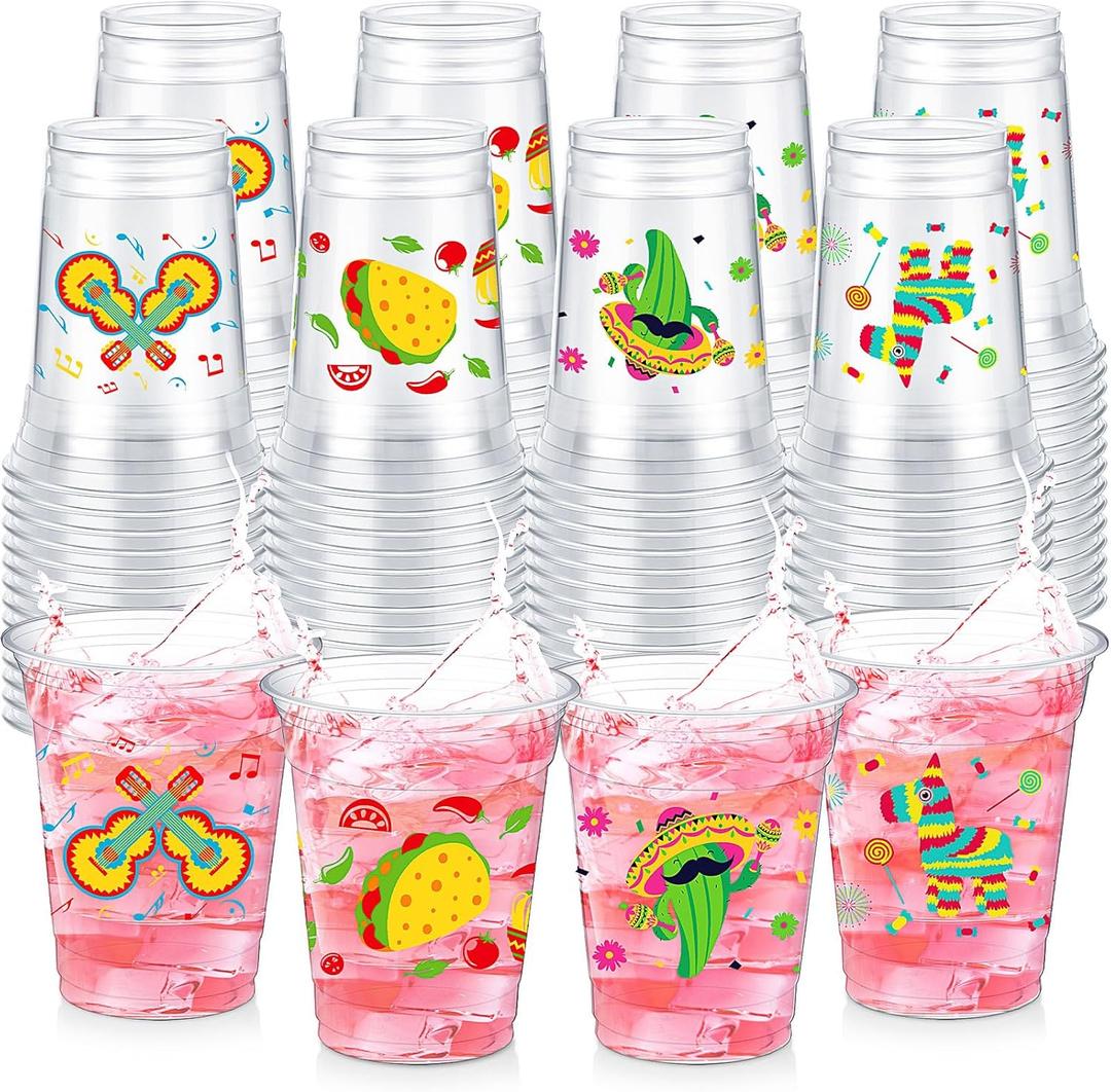 100 Pcs 12oz Fiesta Cups Mexican Plastic Cups Cinco De Mayo Clear Disposable for Fiesta Taco Birthday Party Drinkware Supplies Decorations