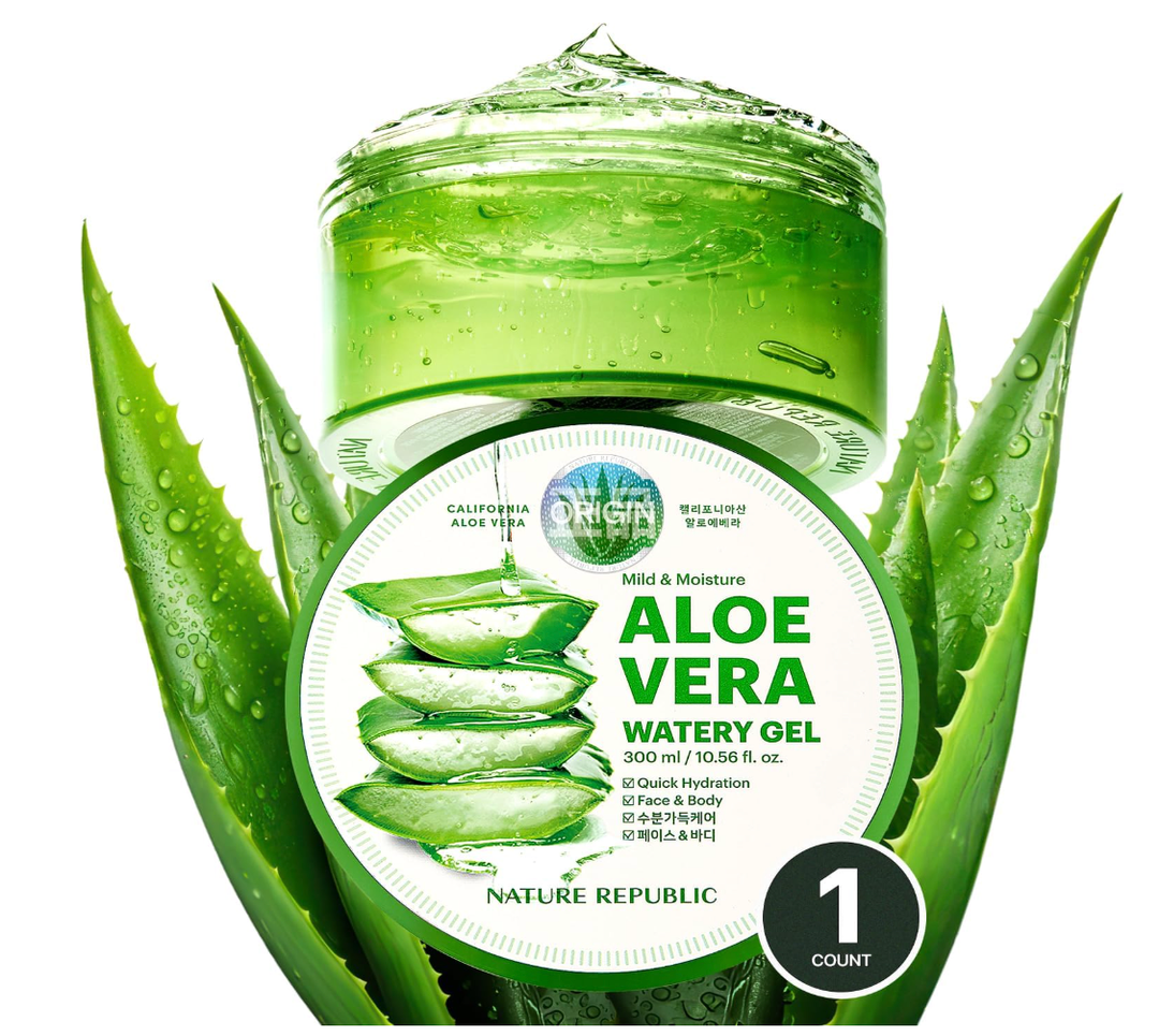 Nature Republic MILD & MOISTURE ALOE VERA WATERY GEL (1 PCS) Quick Hydration & Moisturizing,fast absorbing non-sticky texture,korean skin care for Face,Hair,Sunburn relief, aftershave, all Skin Types