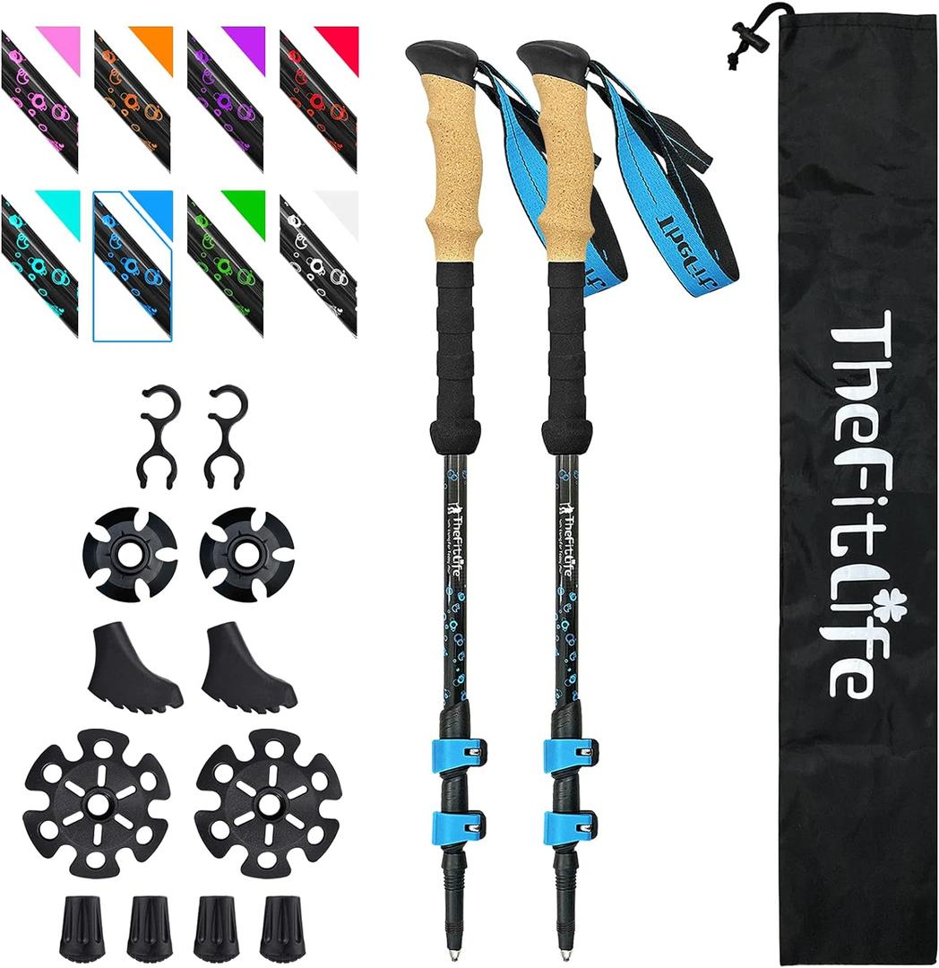 TheFitLife Carbon Fiber Trekking Poles  Collapsible and Telescopic Walking Sticks with Natural Cork Handle and Extended EVA Grips, Ultralight Nordic Hiking Poles for Backpacking Camping (Blue)