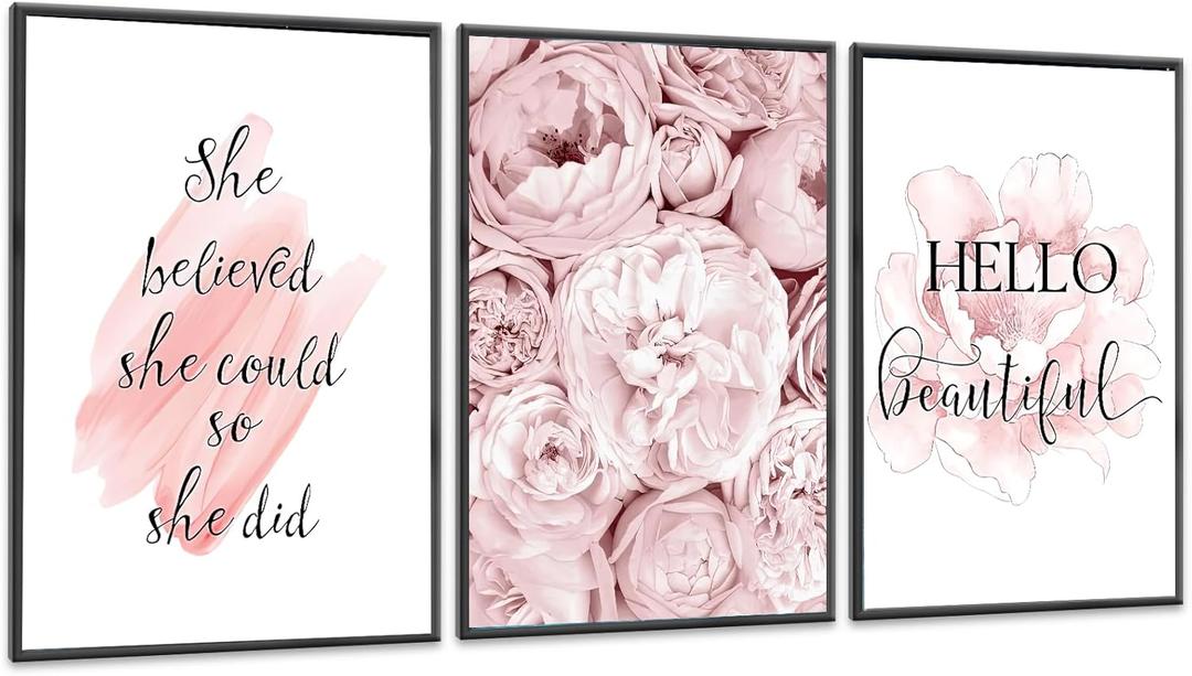KLPOARTQ Set of 3 Motivational Quotes Wall Art Frame Print for Woman's Room Decoration Peony Flower Poster Canvas Pictures Fashion Home Decor, 12 X 16 inch