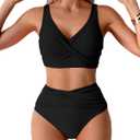 Fanuerg Women High Waisted Bikini Sets V Neck Cross Twist Front Two Piece Swimsuit Tummy Control Bathing Suit Black M