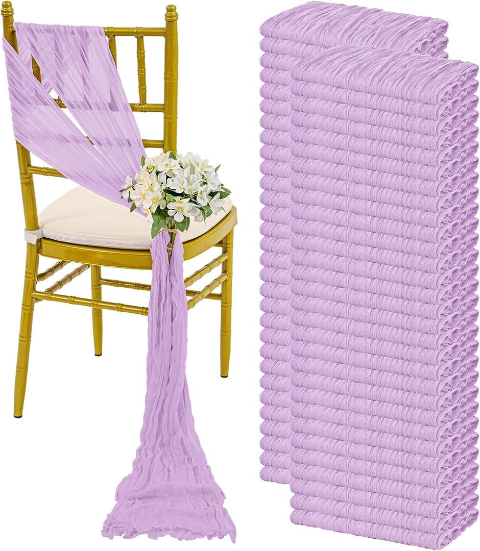 60 PCS Lavender Cheesecloth Chair Sashes, 16 x 108 inch Ties Bows Designed Sashes Universal Chair Covers for Rustic Wedding Banquet Party Hotel Event Aisle Home Kitchen Decoration