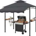 5x8 Grill Gazebo with Extra Awning, All-Weather Steel Construction, Double Tiered & Resistant Canopy Roof, Metal Serving Shelves, 2 LED, Bottle Opener for Patio, Backyard, BBQ (Dark Gray)