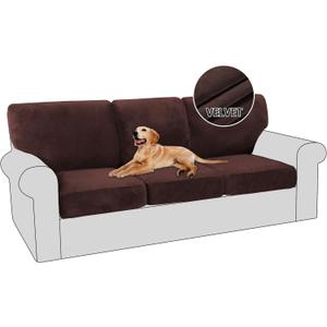 PrinceDeco 6 Piece Luxury Thick Velvet Sofa Covers3 Base Cover Plus 3 Seat Cushion Covers Couch Covers for 3 Cushion Couch Sofa Couch Cover for Dogs, Machine Washable(Sofa, Brown)