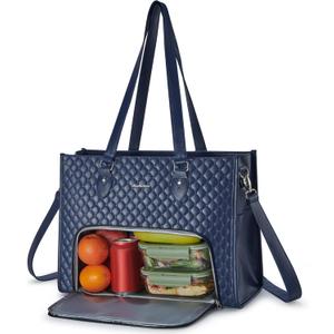 Laptop Tote Bag with Insulated Lunch Compartment for Women, PU Leather 15.6 Inch Work Bag, Elegant Computer Handbag, Versatile Business Tote for Office,Travel or Casual-Midnight Blue