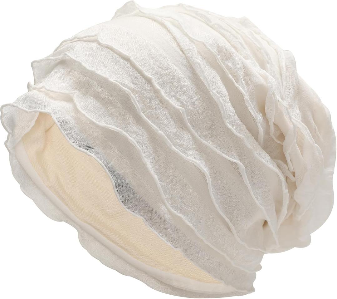 ZLYC Women Fashion Knit Slouchy Beanie Hat Thin Stretch Skull Caps (One Size, Ruffle White)