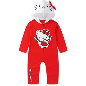 Hello Kitty Sanrio Girls Cosplay Hooded Coverall with Ears and Bow for Toddler and Big Kids, 3T (Red)