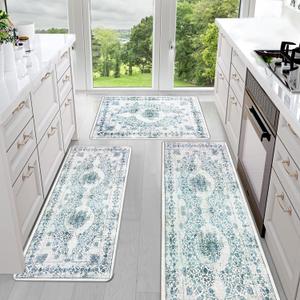 Sofort Kitchen Mats for Floor, Boho Kitchen Rugs Sets of 3, Non Slip Washable Kitchen Runner Rug, Rugs for Kitchen Floor, Hallways, Entryway, Laundry (Blue)