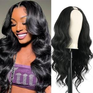 Body Wave V Part Wig Glueless Synthetic Long Wavy Wigs Upgrade U Part Wigs For Black Women Clip in Thin Part V Shape Wig Hair Extensions (Black)