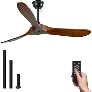 60 Inch Wood Ceiling Fan No Light,ETL Listed Farmhouse Outdoor Ceiling Fans for Patios with Remote,3 Blade Low Profile Windmill Propeller Room Fan with High CFM DC Motor for Exterior Pergola(Walnut) (Deep Walnut Blades + Black Body)