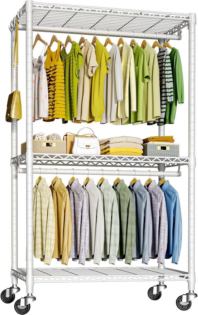 P3 Rolling Clothes Rack, Clothing Racks for Hanging Clothes, Heavy Duty Garment Rack with Wheels, Freestanding Portable Closet Organizer 39.4''W x 14''D x 78.5''H, Max Load 464 LBS, White