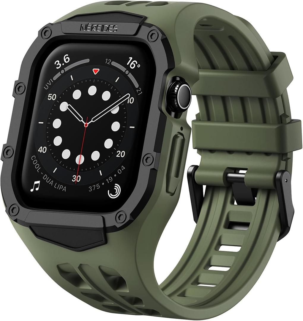 Nereides Rugged Case with Band for Apple Watch Series 9/8/7/6/5/4/SE 3/SE 2/SE 44mm/45mm, Breathable TPU Sport Strap + PC Protective Bumper, Shock-Resistant, Sweat & Water-Resistanty (Army Green)
