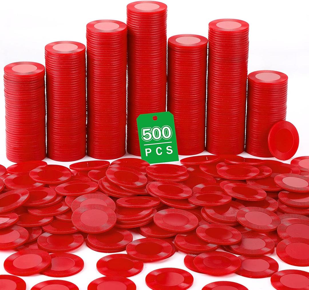 Leitee 500 Pcs Red Plastic Poker Chips Bulk 1.5 Inch Mini Bingo Chips Tokens Markers Blank Casino Counting Discs Learning Math Counters for Adults Interlocking Game Counting Reward Card