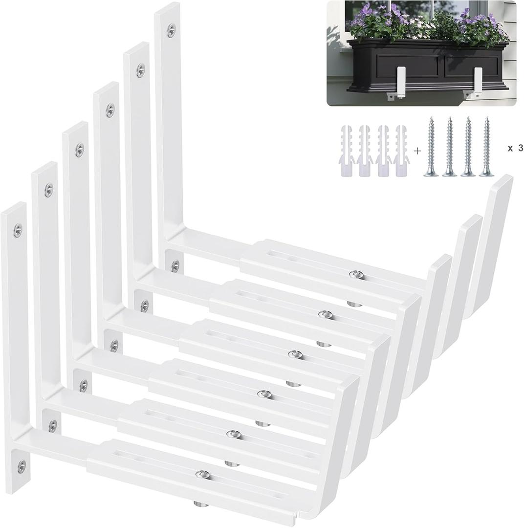 Y&M 6 Pack Adjustable Planter Brackets (6 to 12.5 in), Universal Window Box Brackets, Heavy Duty Iron Flower Box Wall Mounting Hooks for Balcony, Fences, Patio, and Garden - White